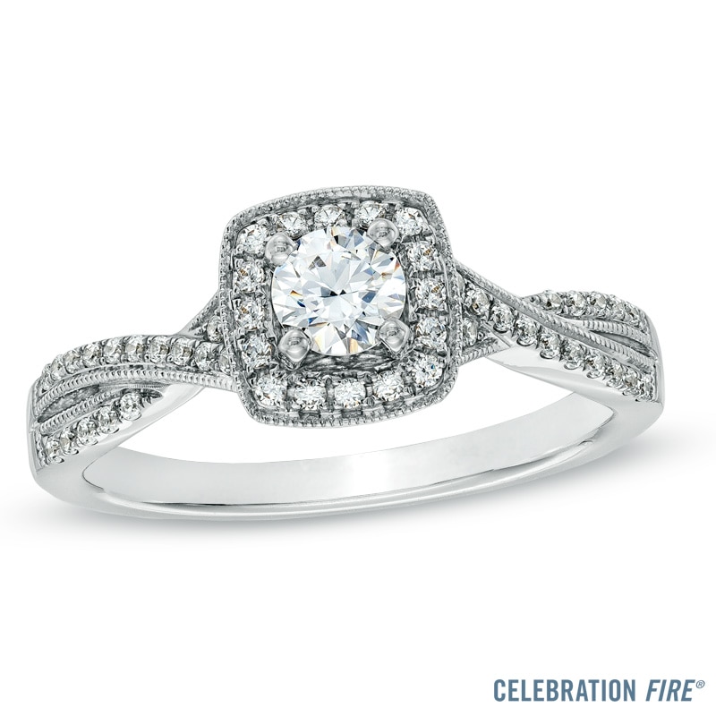 Celebration Fire® 1/2 CT. T.W. Diamond Vintage-Style Twist Engagement Ring in 14K White Gold (H-I/SI1-SI2)