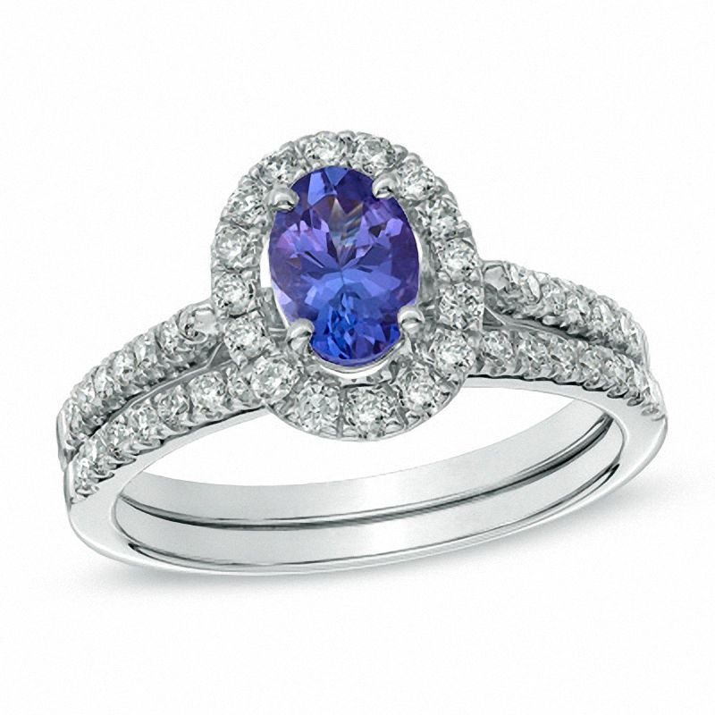Main Image 1 of Oval Tanzanite and 1/4 CT. T.W. Diamond Bridal Set in 14K White Gold