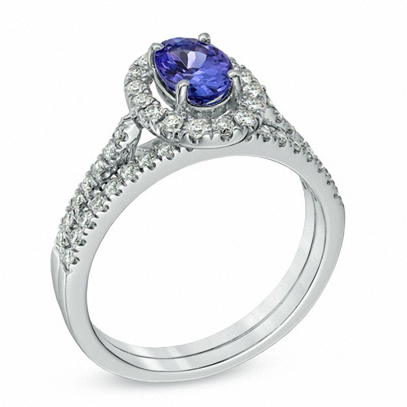Main Image 2 of Oval Tanzanite and 1/4 CT. T.W. Diamond Bridal Set in 14K White Gold