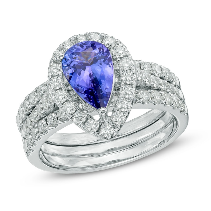 Pear-Shaped Tanzanite and 1-1/5 CT. T.W. Diamond Bridal Set in 14K White Gold