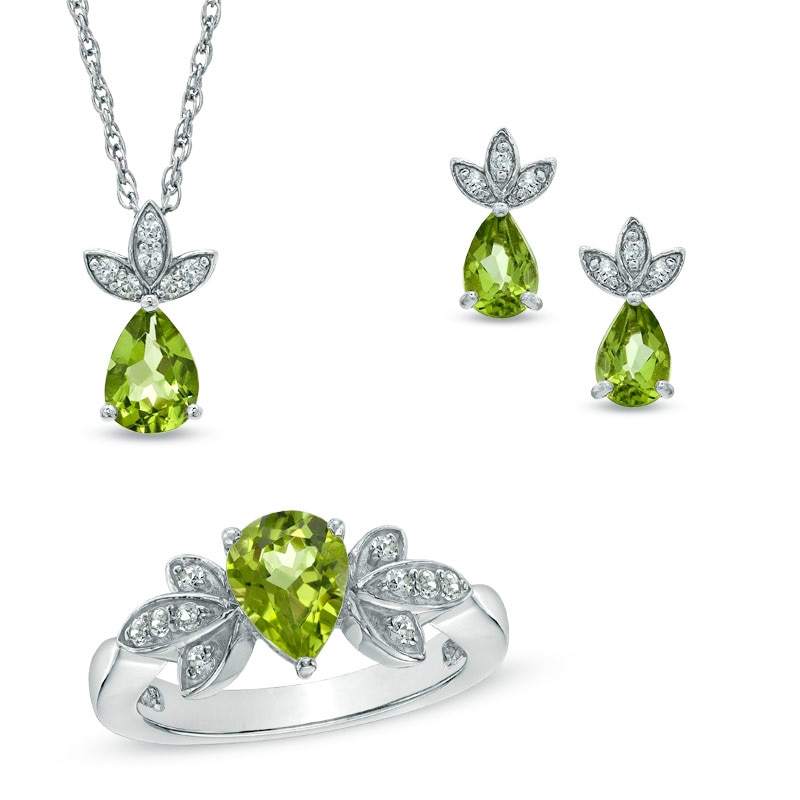 Main Image 1 of Pear-Shaped Peridot and Lab-Created White Sapphire Pendant, Ring and Earrings Set in Sterling Silver - Size 7