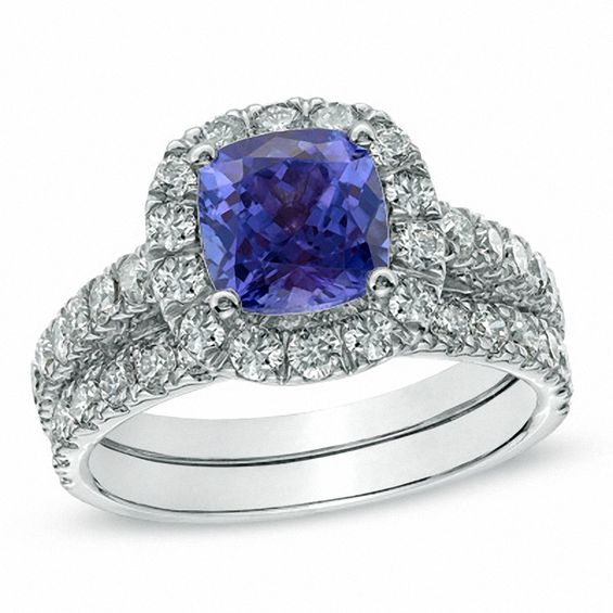 7.0mm Cushion-Cut Tanzanite and 1 CT. T.w. Diamond Bridal Set in 14K White Gold
