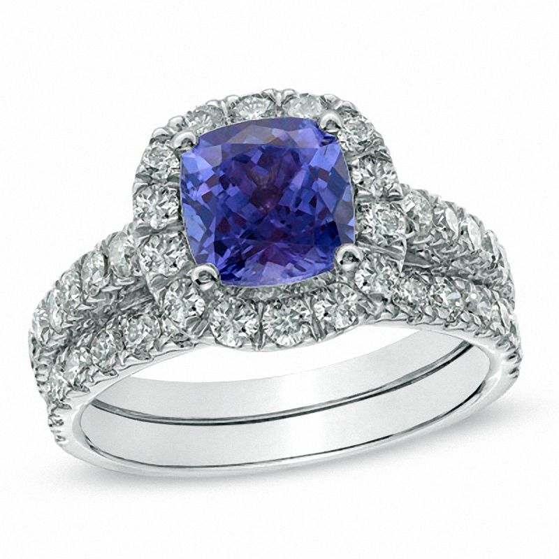Main Image 1 of 7.0mm Cushion-Cut Tanzanite and 1 CT. T.W. Diamond Bridal Set in 14K White Gold