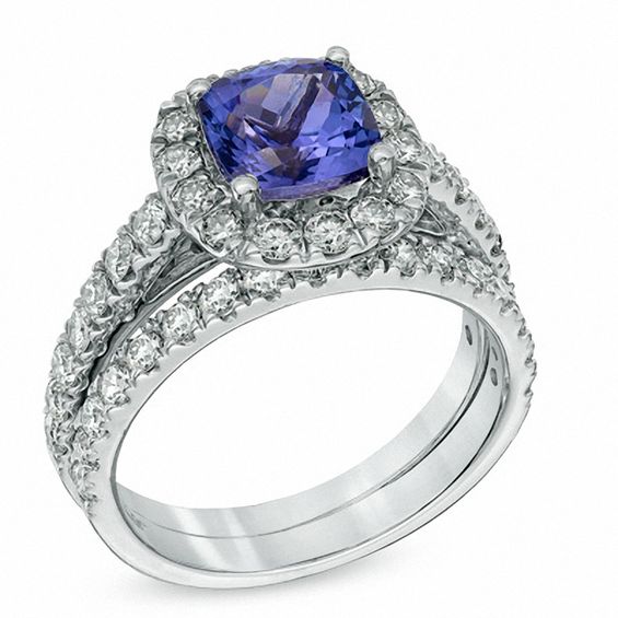 7.0mm Cushion-Cut Tanzanite and 1 CT. T.w. Diamond Bridal Set in 14K White Gold