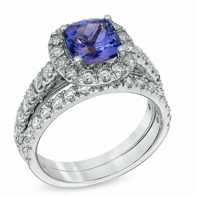 Main Image 2 of 7.0mm Cushion-Cut Tanzanite and 1 CT. T.W. Diamond Bridal Set in 14K White Gold
