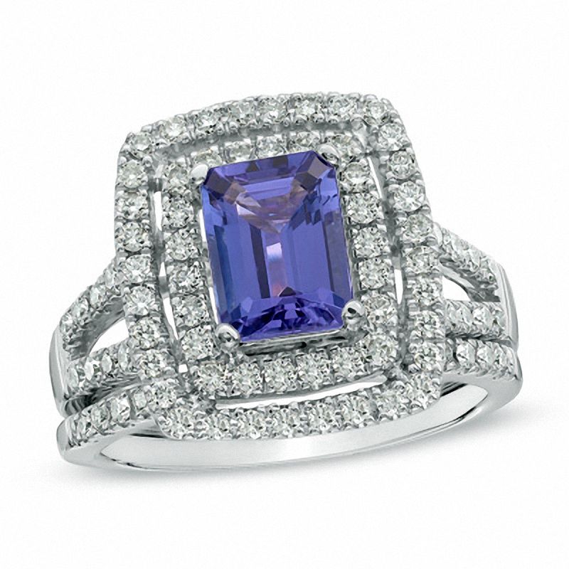 Main Image 1 of Emerald-Cut Tanzanite and 5/8 CT. T.W. Diamond Bridal Set in 14K White Gold