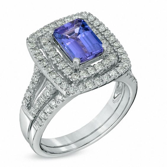 Emerald-Cut Tanzanite and 5/8 CT. T.w. Diamond Bridal Set in 14K White Gold
