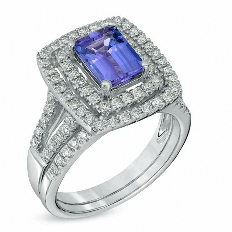 Main Image 2 of Emerald-Cut Tanzanite and 5/8 CT. T.W. Diamond Bridal Set in 14K White Gold