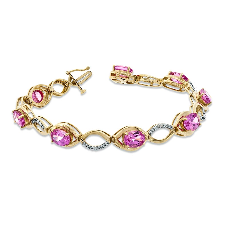 Main Image 2 of Oval Lab-Created Pink Sapphire and Diamond Accent Bracelet in Sterling Silver with 14K Rose Gold Plate - 7.25"