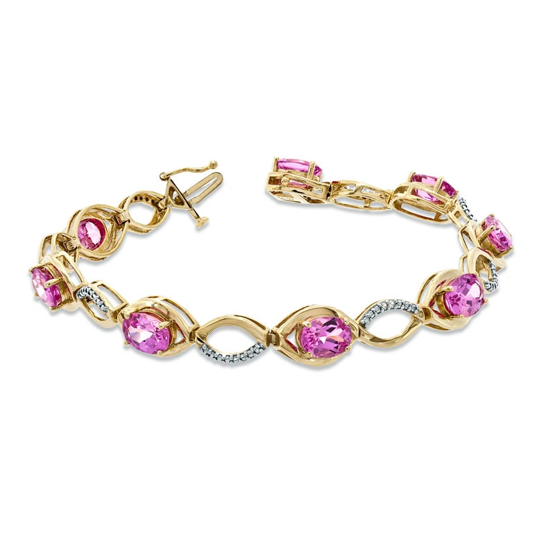 Oval Lab-Created Pink Sapphire and Diamond Accent Bracelet in Sterling Silver with 14K Rose Gold Plate - 7.25"