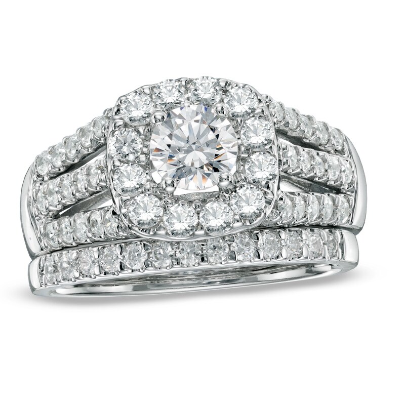 Main Image 1 of 1-1/2 CT. T.W. Diamond Split Shank Bridal Set in 14K White Gold