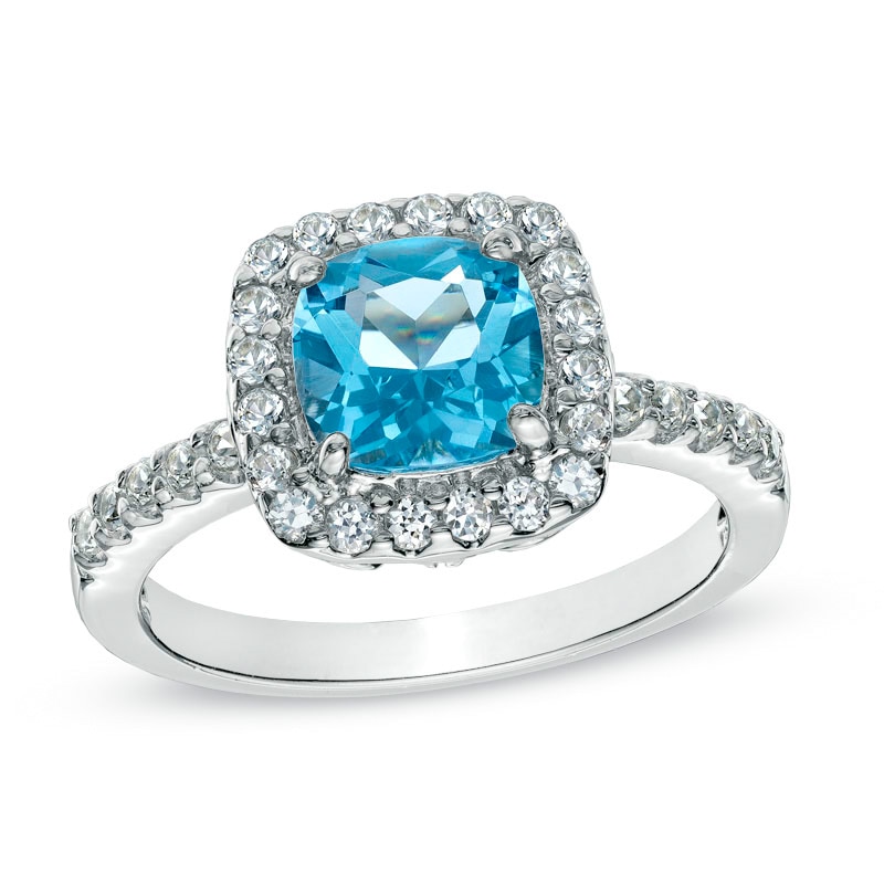 7.0mm Cushion-Cut Swiss Blue Topaz and Lab-Created White Sapphire Frame Ring in Sterling Silver