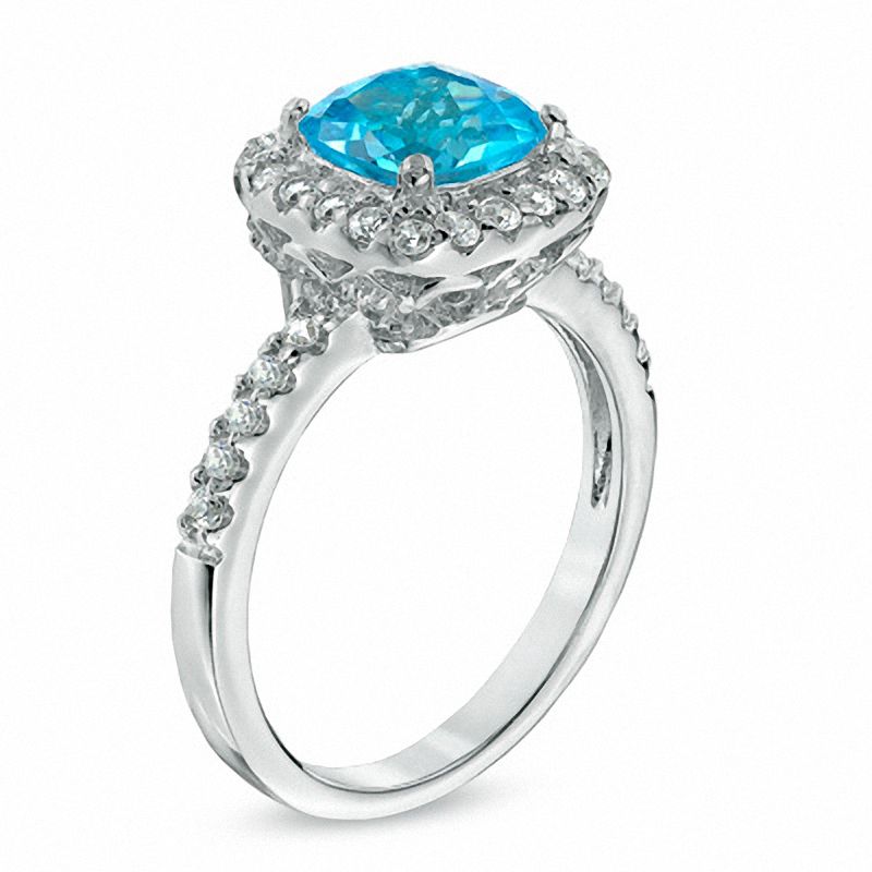 Main Image 2 of 7.0mm Cushion-Cut Swiss Blue Topaz and Lab-Created White Sapphire Frame Ring in Sterling Silver