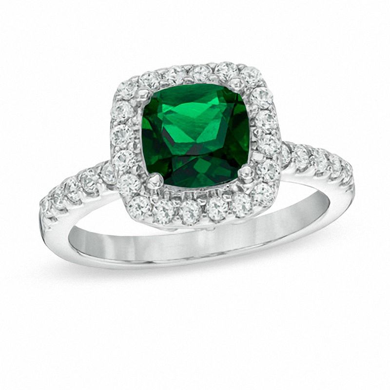 7.0mm Cushion-Cut Green Quartz Doublet and Lab-Created White Sapphire Frame Ring in Sterling Silver
