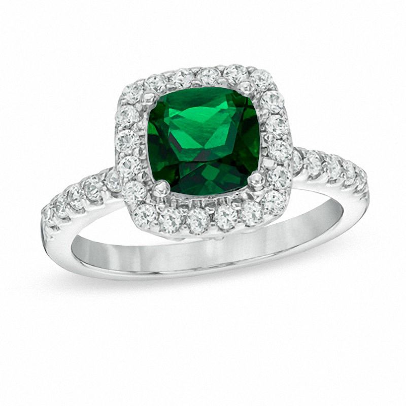 Main Image 1 of 7.0mm Cushion-Cut Green Quartz Doublet and Lab-Created White Sapphire Frame Ring in Sterling Silver