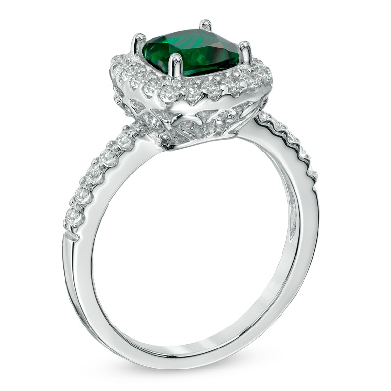 Main Image 2 of 7.0mm Cushion-Cut Green Quartz Doublet and Lab-Created White Sapphire Frame Ring in Sterling Silver