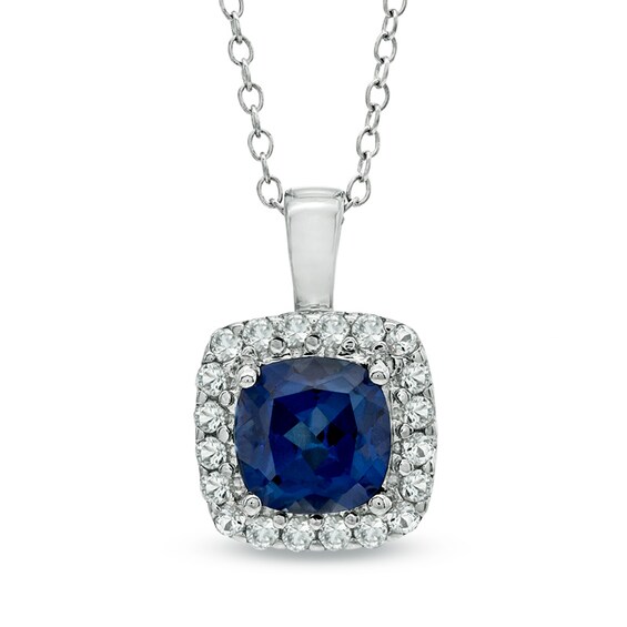7.0mm Cushion-Cut Lab-Created Blue and White Sapphire Pendant in Sterling Silver