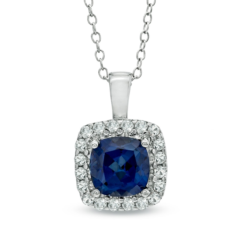 Main Image 1 of 7.0mm Cushion-Cut Lab-Created Blue and White Sapphire Pendant in Sterling Silver