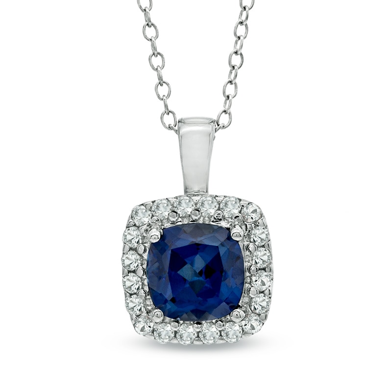 7.0mm Cushion-Cut Lab-Created Blue and White Sapphire Pendant in Sterling Silver