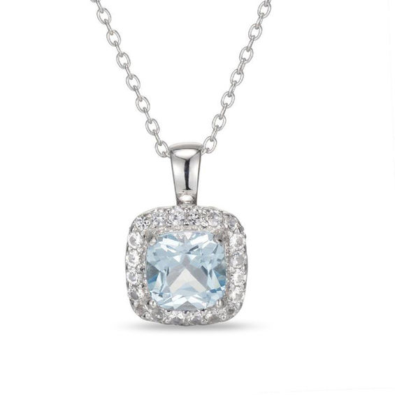 7.0mm Cushion-Cut Swiss Blue Topaz and Lab-Created White Sapphire Frame Pendant in Sterling Silver