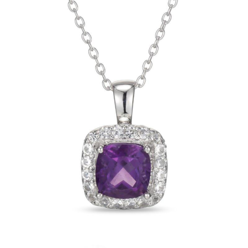 Main Image 1 of 7.0mm Cushion-Cut Amethyst and Lab-Created White Sapphire Frame Pendant in Sterling Silver