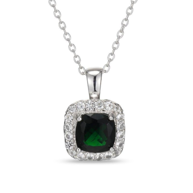 Main Image 1 of 7.0mm Cushion-Cut Green Quartz Doublet and Lab-Created White Sapphire Frame Pendant in Sterling Silver