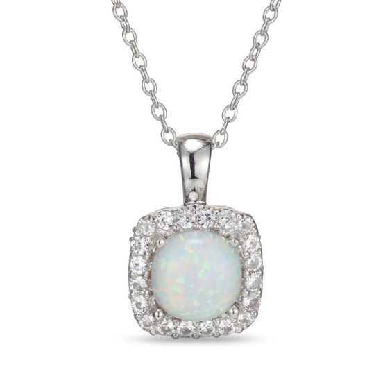 7.0mm Cushion-Cut Lab-Created Opal and White Sapphire Frame Pendant in Sterling Silver