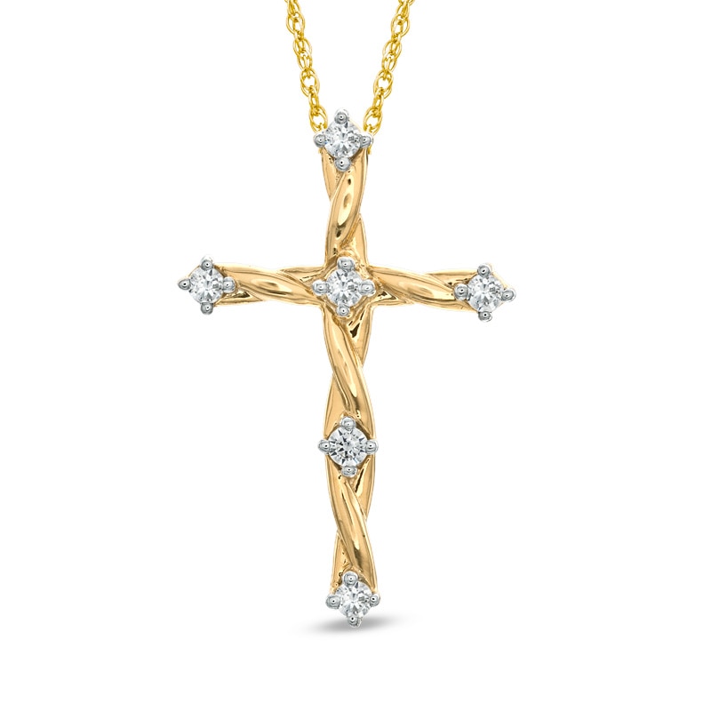 Main Image 1 of 1/8 CT. T.W. Diamond Twine Cross Pendant in 10K Gold