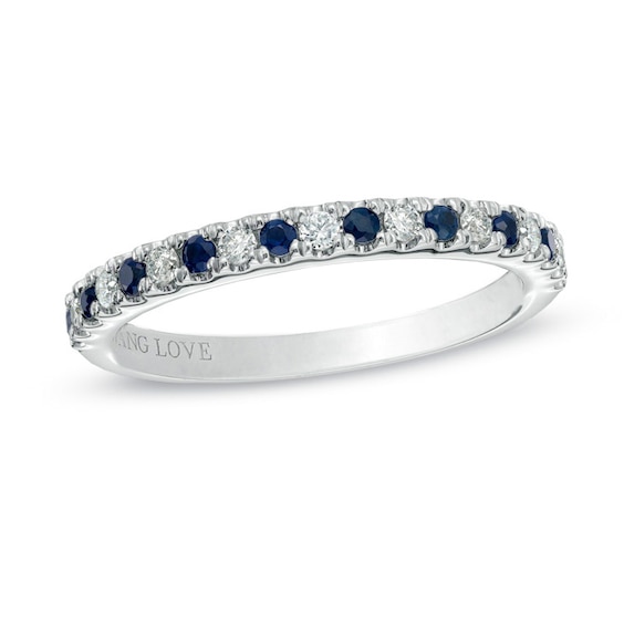 Vera Wang Love Collection 1/8 CT. T.w. Diamond and Blue Sapphire Band in 14K White Gold