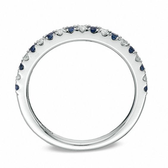 Vera Wang Love Collection 1/8 CT. T.w. Diamond and Blue Sapphire Band in 14K White Gold