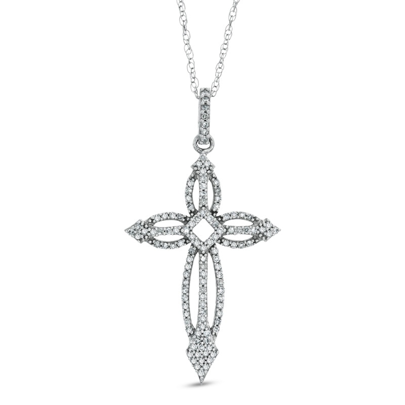 Main Image 1 of 1/4 CT. T.W. Diamond Open Cross Pendant in 10K White Gold