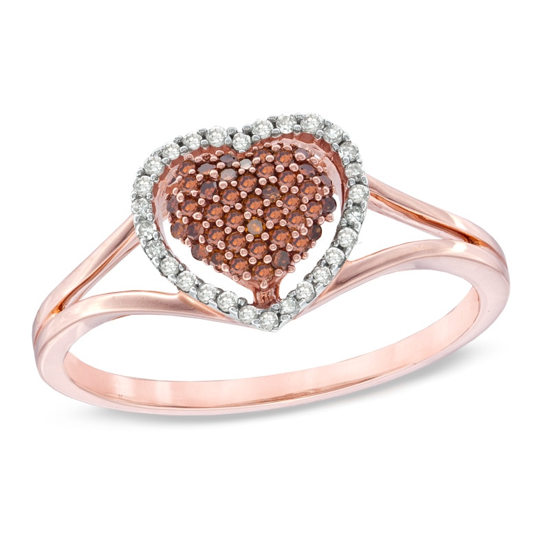 1/5 CT. T.W. Enhanced Cognac and White Diamond Cluster Heart Ring in 10K Rose Gold
