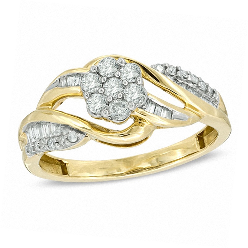 Main Image 1 of 1/2 CT. T.W. Diamond Cluster Bypass Ring in 10K Gold