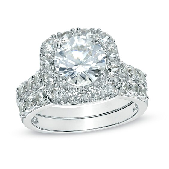 8.0mm Lab-Created White Sapphire Square Frame Ring Set in Sterling Silver