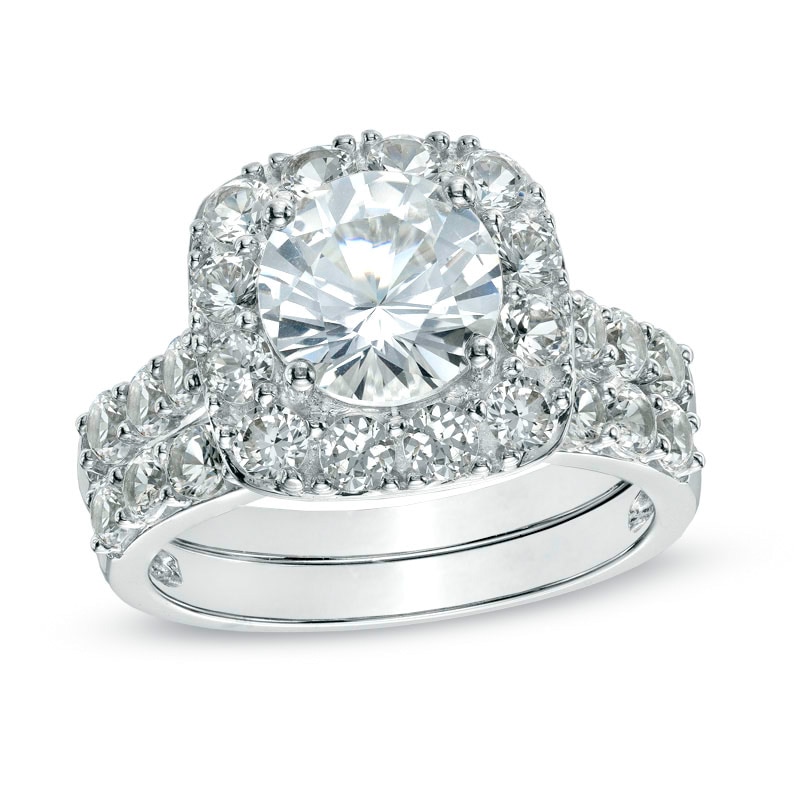 Main Image 1 of 8.0mm Lab-Created White Sapphire Square Frame Ring Set in Sterling Silver
