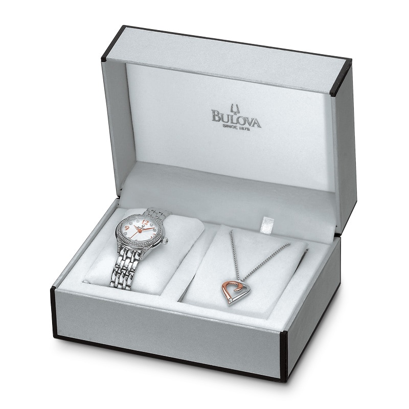 Ladies' Crystal Accent Bulova Watch and Heart Pendant Set (Model: 96X125)