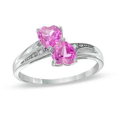 Heart Shaped Lab Created Pink Sapphire And Diamond Accent Double Heart Ring In Sterling Silver Zales