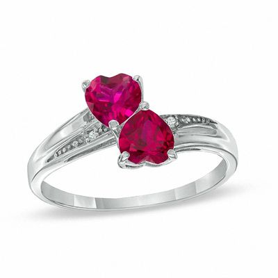Heart-Shaped Lab-Created Ruby and Diamond Accent Double Heart Ring in  Sterling Silver