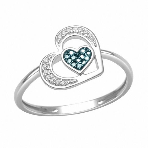 Enhanced Blue and White Diamond Accent Tilted Double Heart Ring in Sterling Silver