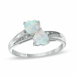 Heart-Shaped Lab-Created Opal and Diamond Accent Double Heart Ring in Sterling Silver