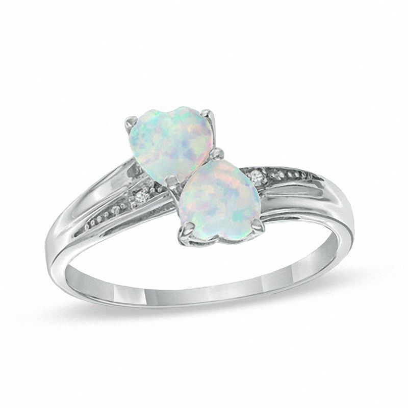 Heart-Shaped Lab-Created Opal and Diamond Accent Double Heart Ring in Sterling Silver