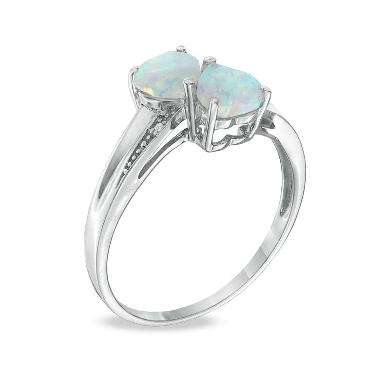 Main Image 2 of Heart-Shaped Lab-Created Opal and Diamond Accent Double Heart Ring in Sterling Silver