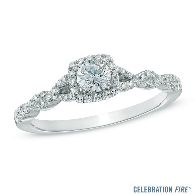 Main Image 1 of Celebration Fire® 1/2 CT. T.W. Diamond Frame Twist Engagement Ring in 14K White Gold (H-I/SI1-SI2)