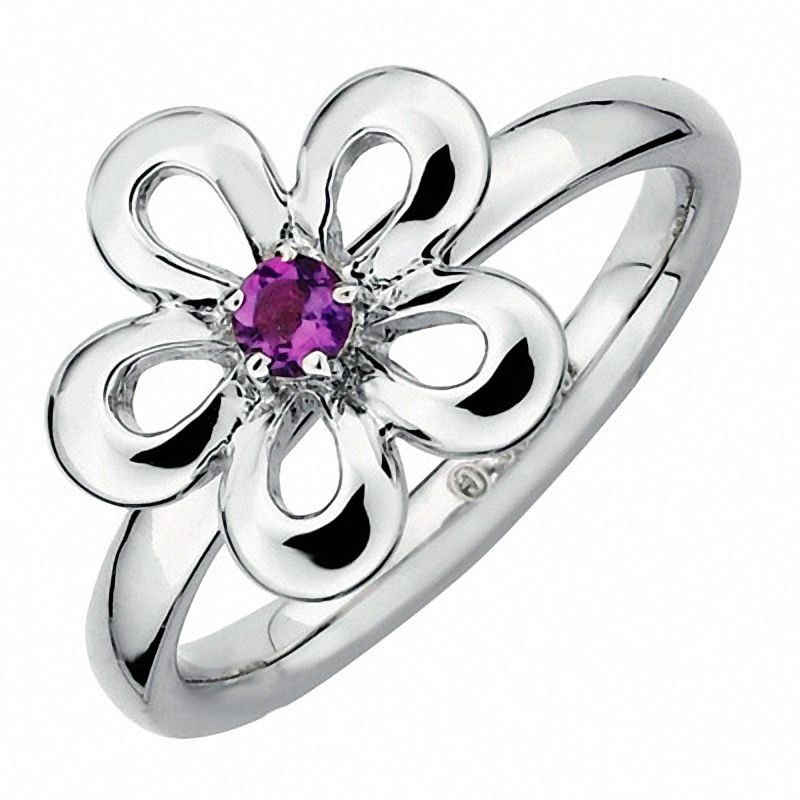 Stackable Expressions™ Polished Flat Petals Amethyst Flower Ring in Sterling Silver