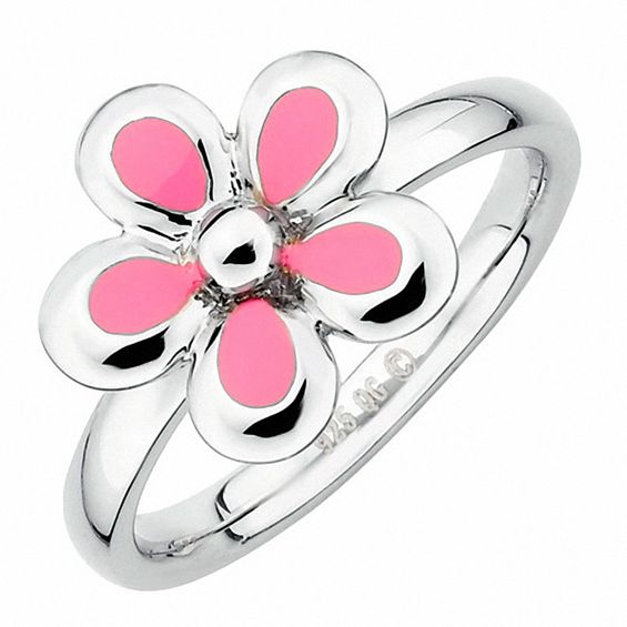 Stackable Expressionsâ¢ Polished and Pink Enameled Flower Ring Sterling Silver