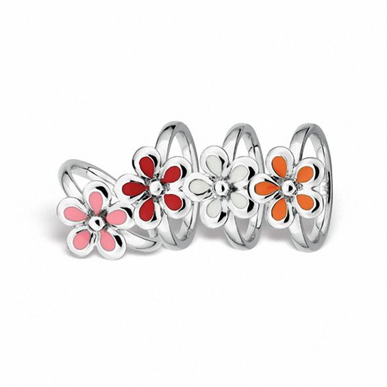 Stackable Expressions™ Polished and White Enameled Flower Ring in Sterling Silver Stackable Expressions™ Polished and White Enameled Flower Ring in Sterling Silver