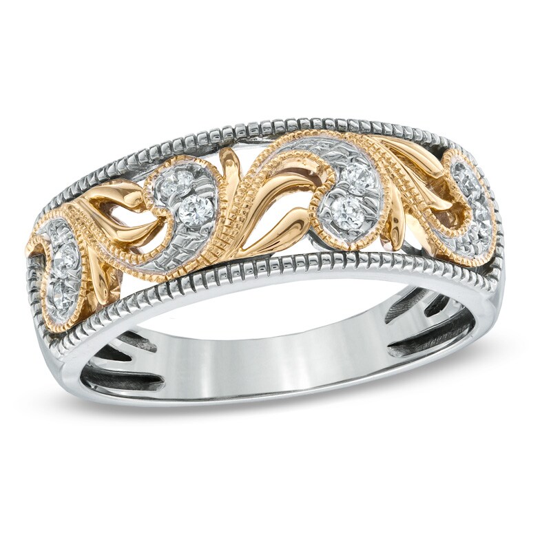 Main Image 1 of 1/8 CT. T.W. Diamond Vintage-Style Scroll Band in 10K Two-Tone Gold
