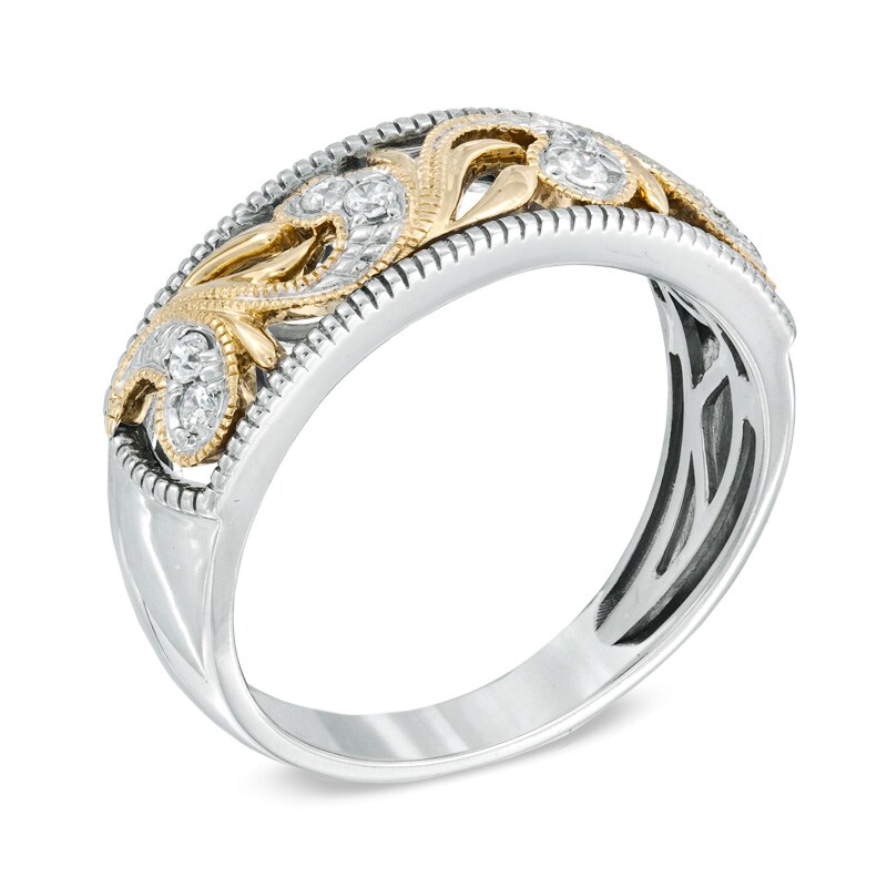 Main Image 2 of 1/8 CT. T.W. Diamond Vintage-Style Scroll Band in 10K Two-Tone Gold