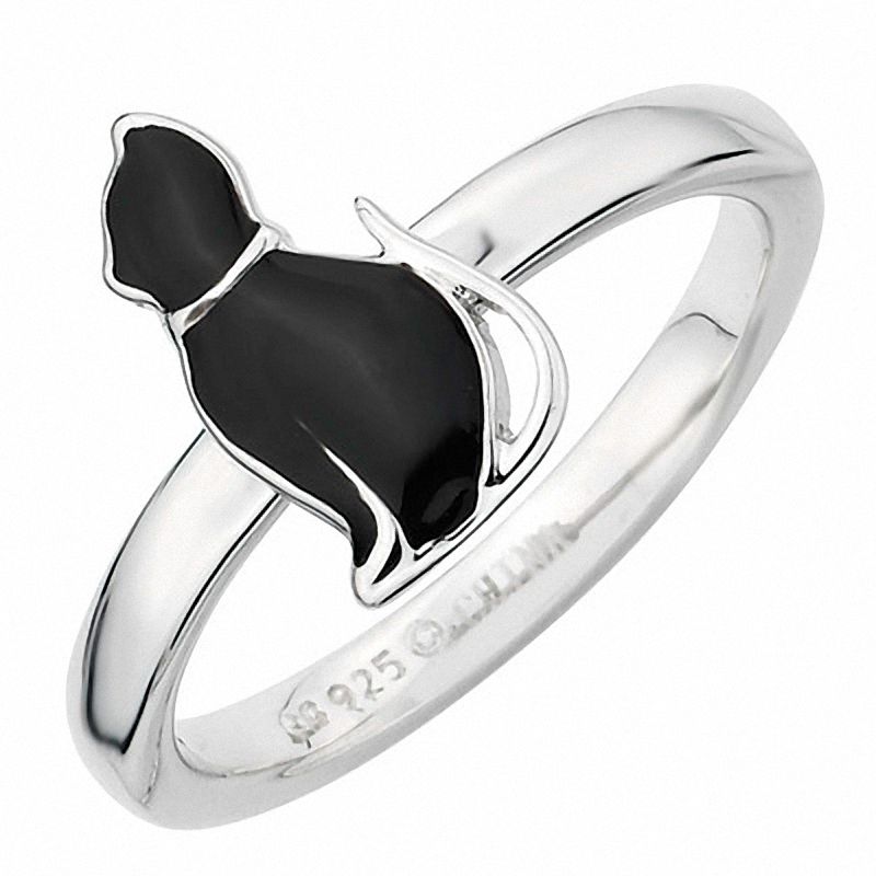 Stackable Expressions™ Polished Black Enameled Cat Silhouette Ring in Sterling Silver