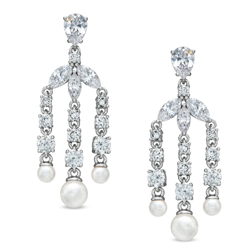 Main Image 1 of AVA Nadri Simulated Pearl and Cubic Zirconia Chandelier Earrings in White Rhodium Brass